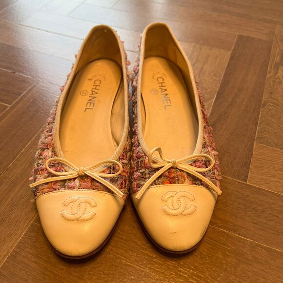 Chanel Tweed Calfskin Cap Toe Ballerina Flats Pink - Picture 2 of 4
